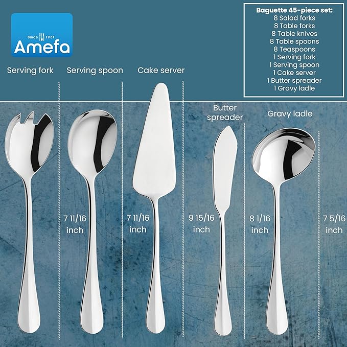 Amefa 45-Piece Silverware Flatware Cutlery Set Service for 8, Durable 18/10 Stainless Steel High Gloss Mirror Finish, tableware in Ergonomic Design Size and Weight, Dishwasher Safe (Baguette)