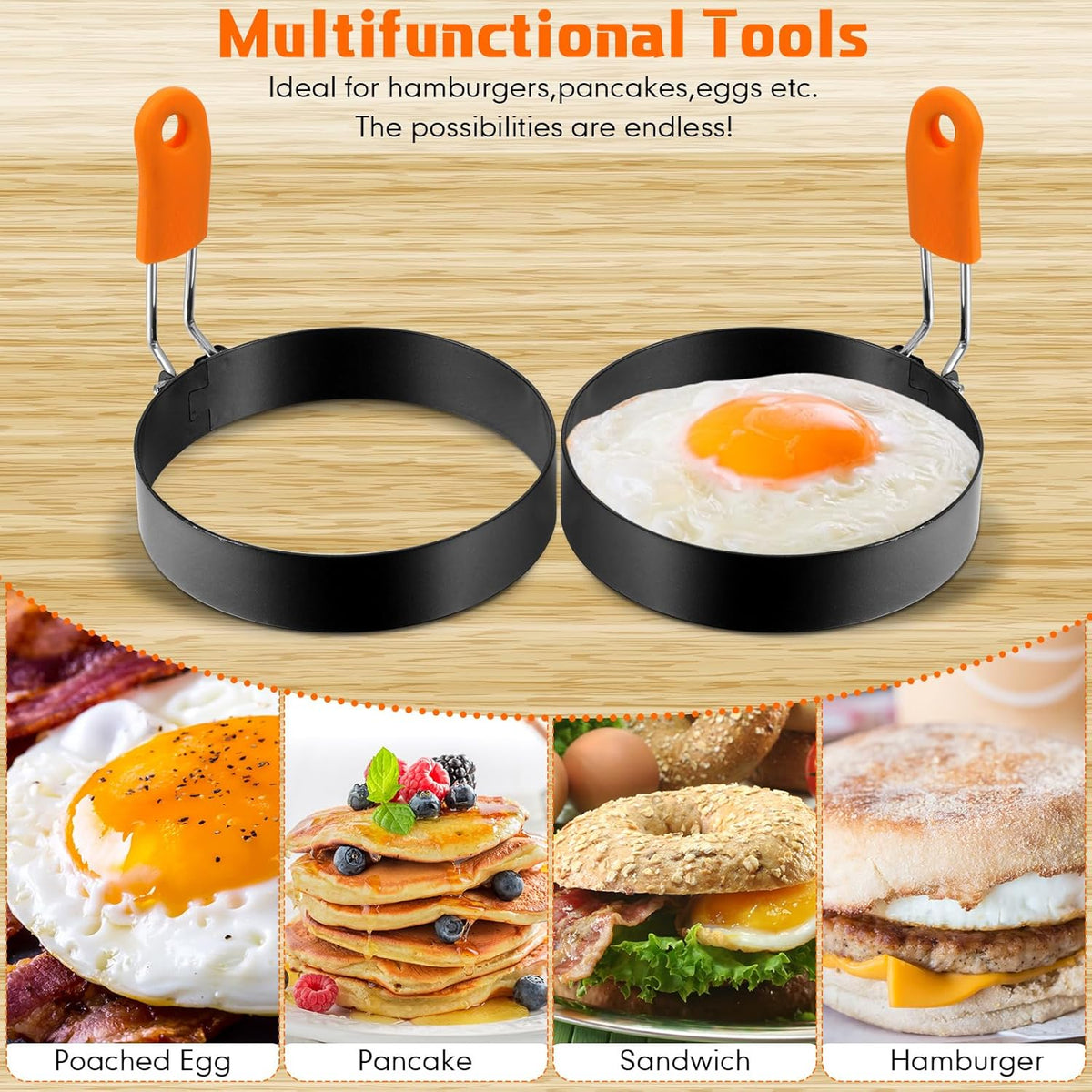 Patelai 6 Pcs Egg Ring Pancake Ring Set Stainless Steel Fried Egg Molds Griddle Pancake Shapers with Silicone Handle for Breakfast Omelette Sandwich(Assorted Style,4 Inch, 6 Inch, 8 Inch)