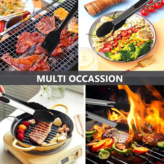 Kitchen Tongs, 2pcs Barbecue Tongs 10 inch & 12 inch with Silicone Tips, 1pc Brush Stainless Steel Cooking Tongs with Heat Resistant Handle for BBQ Serving, Grilling, Buffet, Dishwasher Safe (Black)