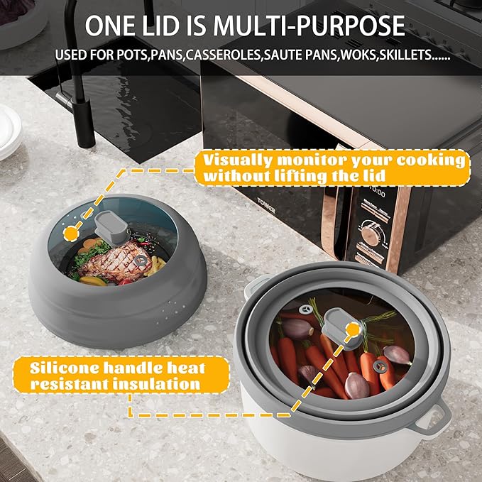 Microwave Splatter Cover, Vented Silicone and Glass Cover Splatter Guard Lid, Food Collapsible Plate Cover Lid with Easy Grip Handle. (Gray, 9 inch)