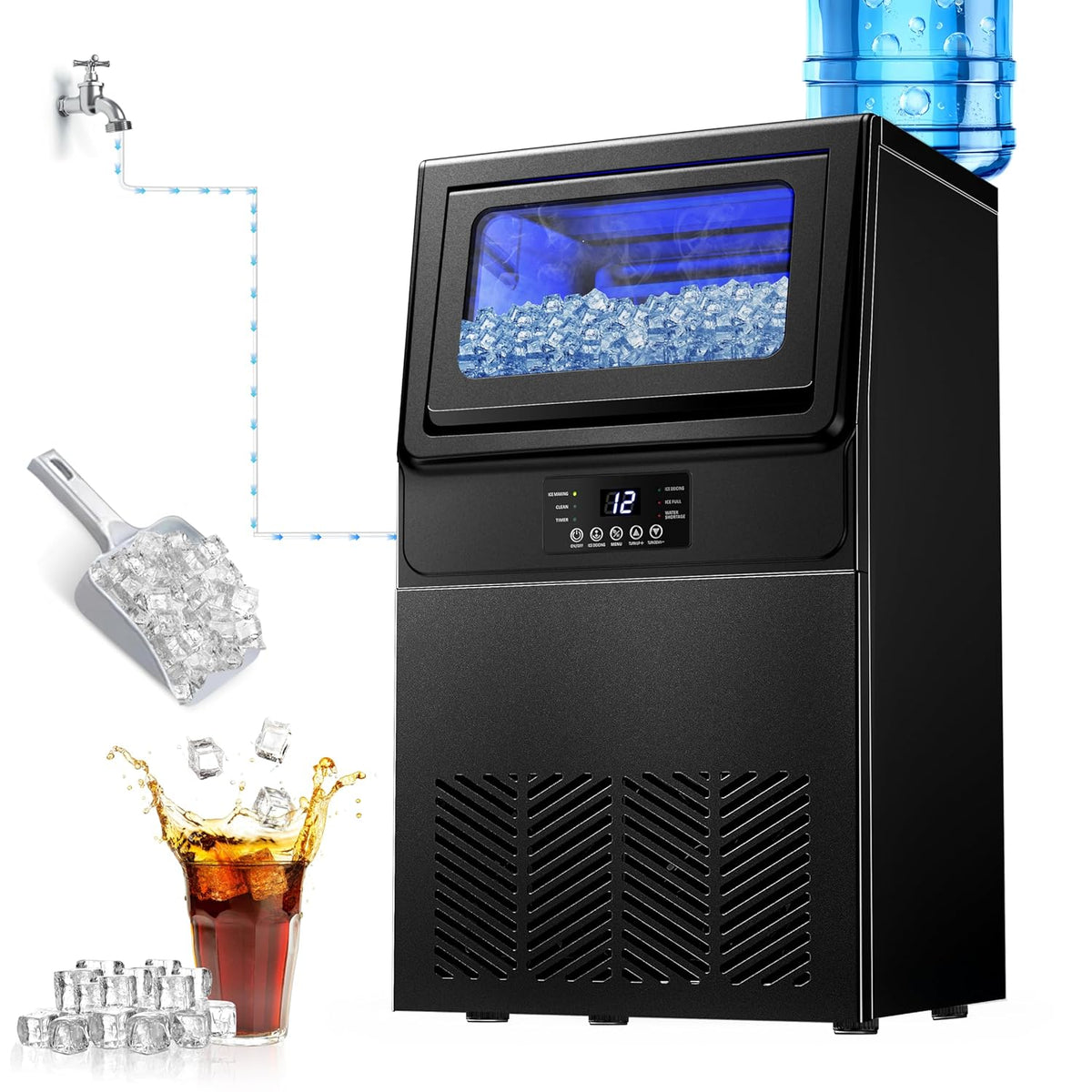 High-Efficiency Commercial Ice Maker: 100 lbs Daily Production, Stainless Steel Under Counter Ice Machine, 25 lbs Ice Storage Capacity, Dual Water Inlet, for Home Commercial Use