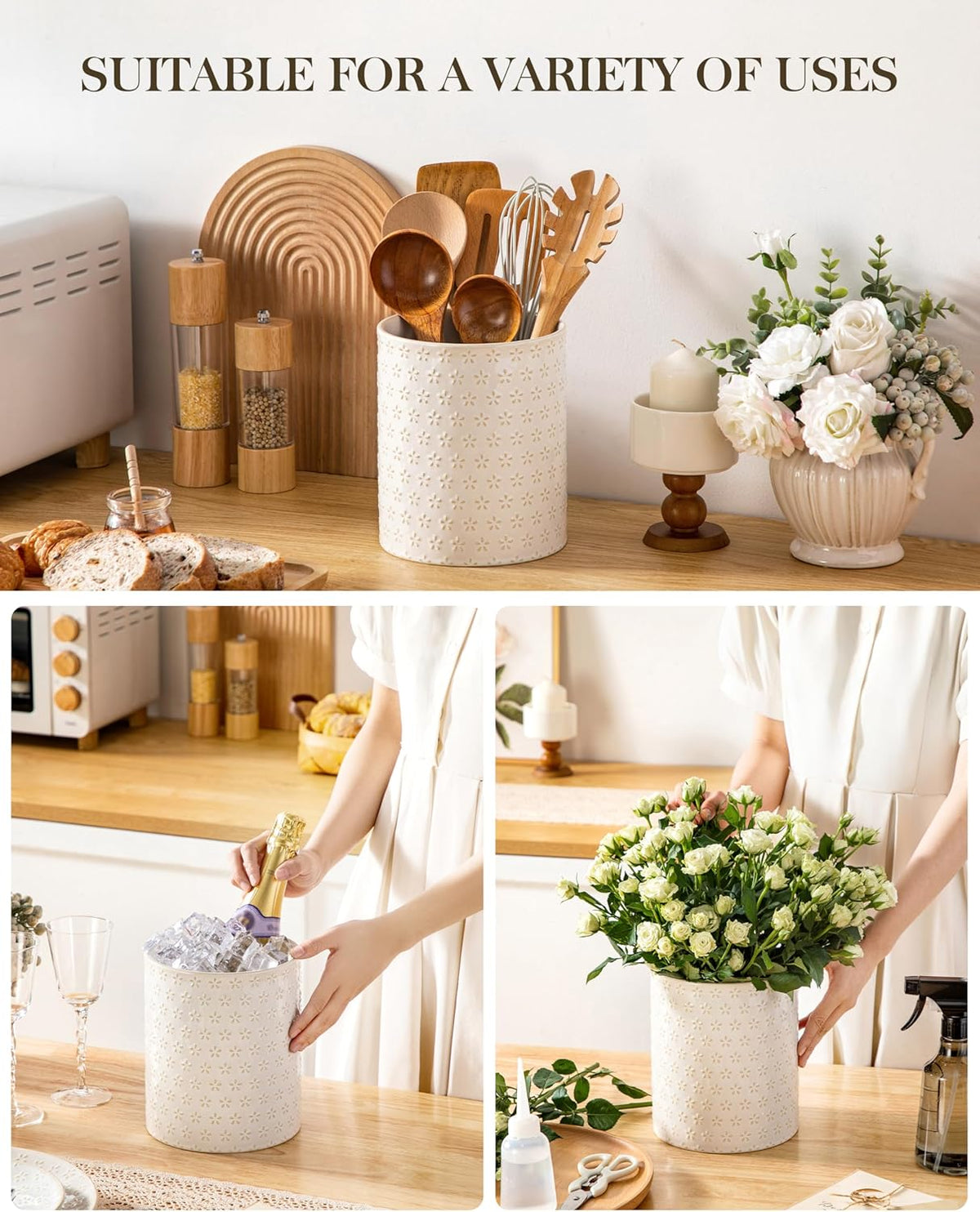MALACASA LYDIA Ceramic Utensil Holders, 7.3"+5.5" Kitchen Utensil Crock Set for Countertop, Large & Small Utensil Organizers for Cooking Tools, Five-Leaf Grass Pattern