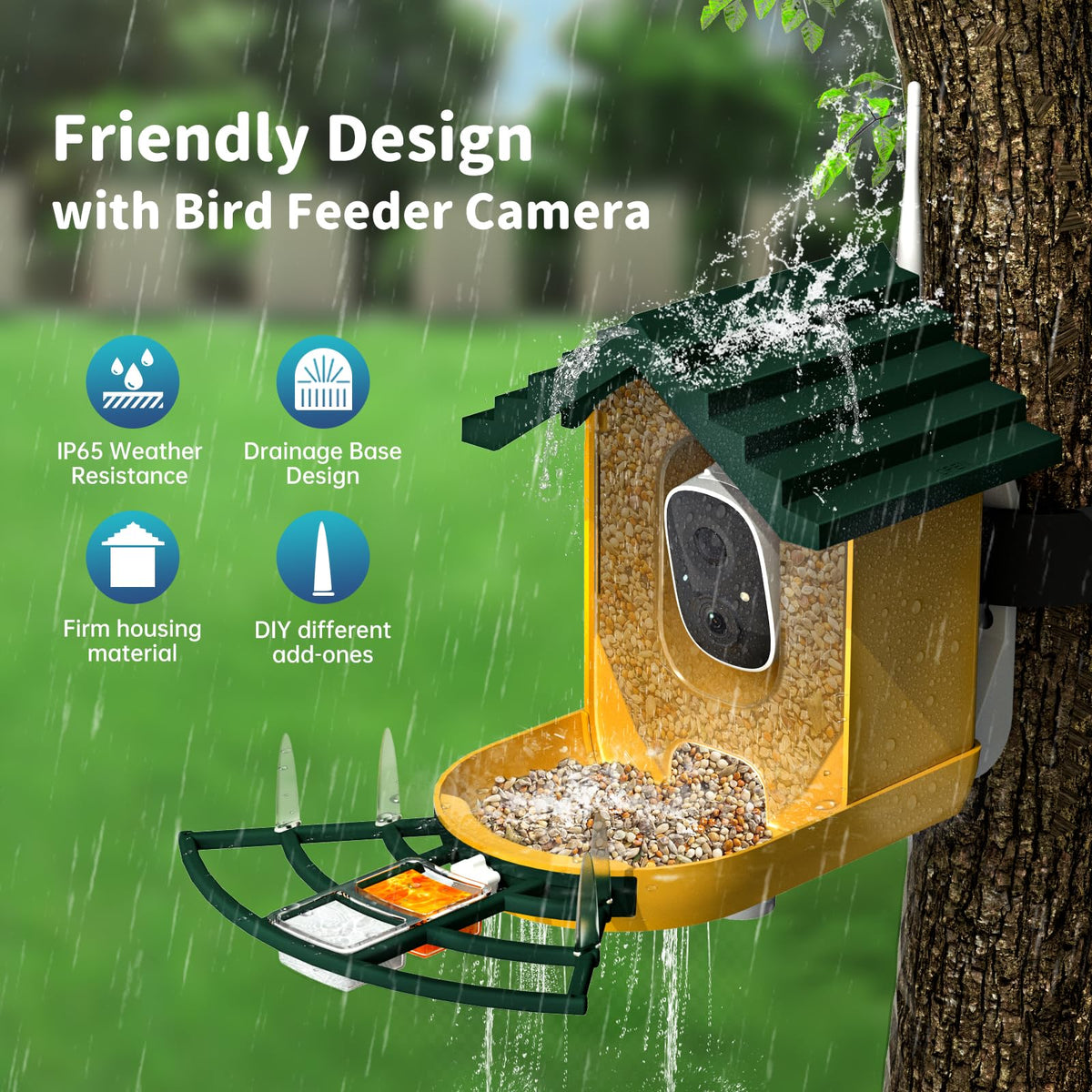 NAVFS Smart Bird Feeder with Camera Solar Powered & AI Bi rd Identification, 2.4Ghz WiFi Bird feeders for Outdoors, 2K Live Video, Instant Arrival Alerts-Green-Yellow