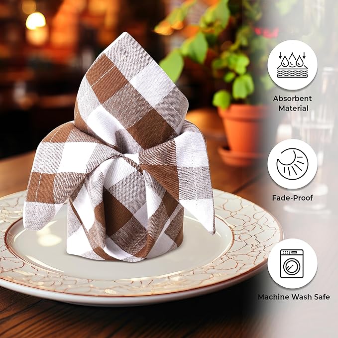 Urban Villa Cloth Napkins 100% Cotton Dinner Napkins Highly Absorbent 20x20 Inches (Set of 12) Brown White Buffalo Checks Reusable Washable Soft Durable Premium Napkins Ideal for Home Wedding Parties