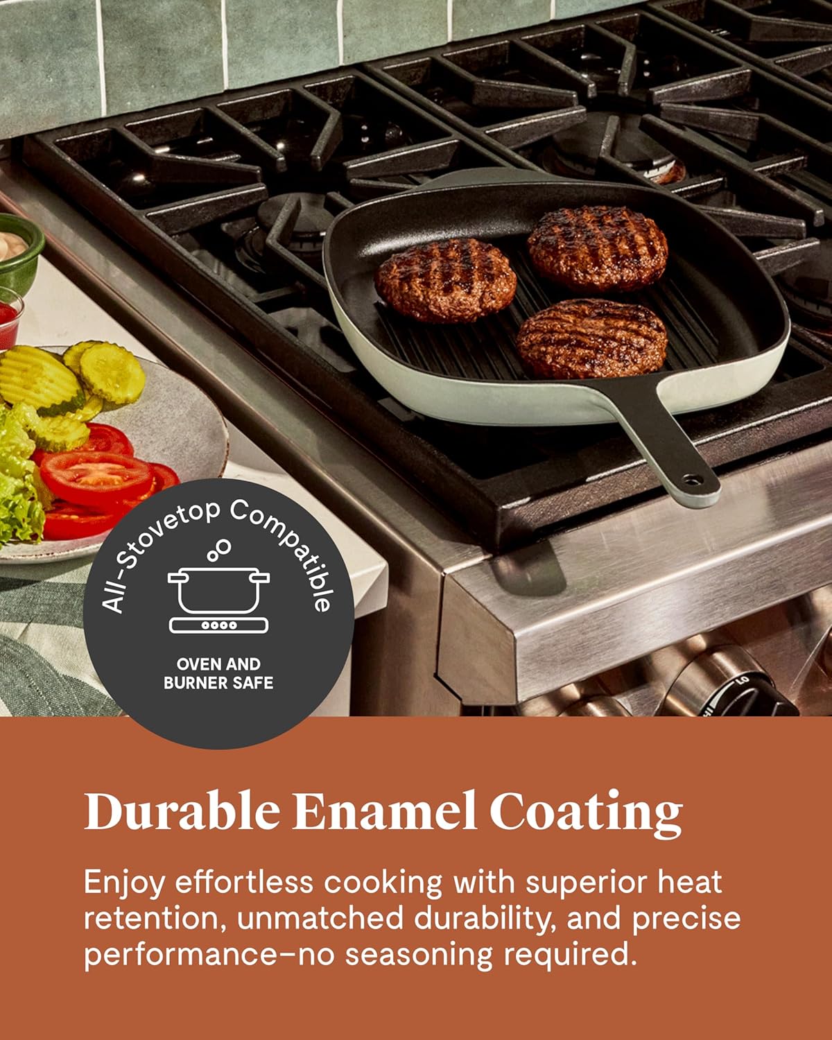 Caraway Enameled Cast Iron Grill Pan - 10.5” Grill Pan for Stovetop Cooking - 3 Layer Enamel Coating - No Seasoning Required - Compatible With All Stovetops - Free From Forever Chemicals - Rust