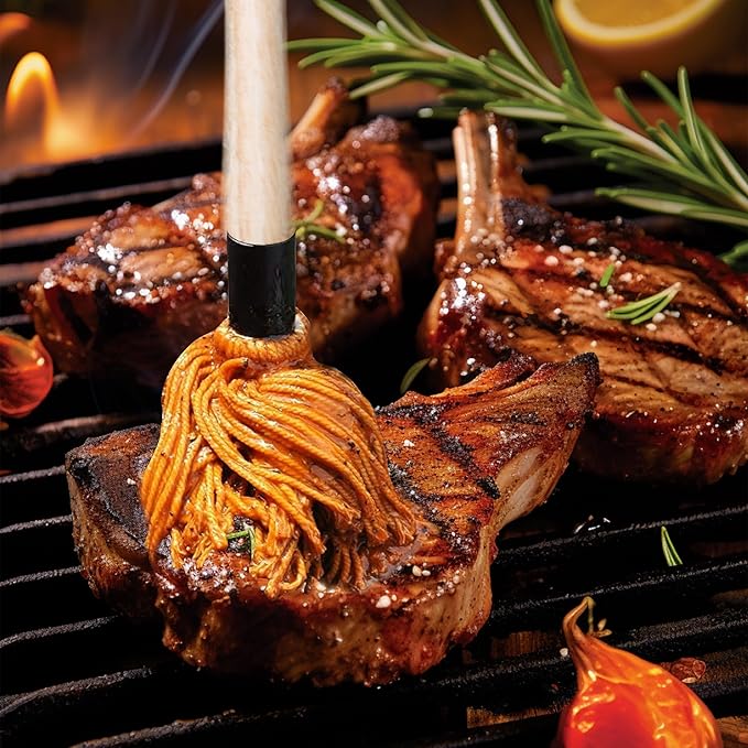 BBQ Mop Brush and Cast Iron Sauce Pot Set, 11-in-1 Value Pack includes 2Pcs Wooden Long Handle, 6 Brush Heads, 1 Cast iron BBQ Pan and 2 Silicone Brushes for Grilling all Types of Ingredients