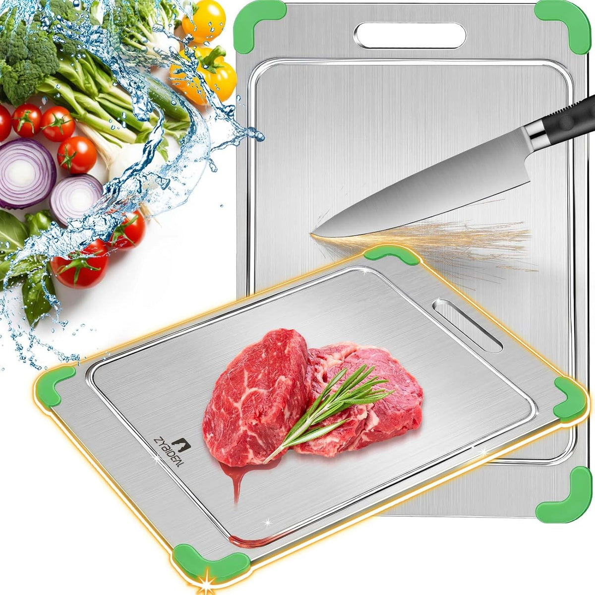 100% Pure Titanium Cutting Board with Grooves, Update Double Side Titanium Chopping Board, Silicone Anti-slip Stainless Cutting Boards for Kitchen 8 * 12 IN, Green
