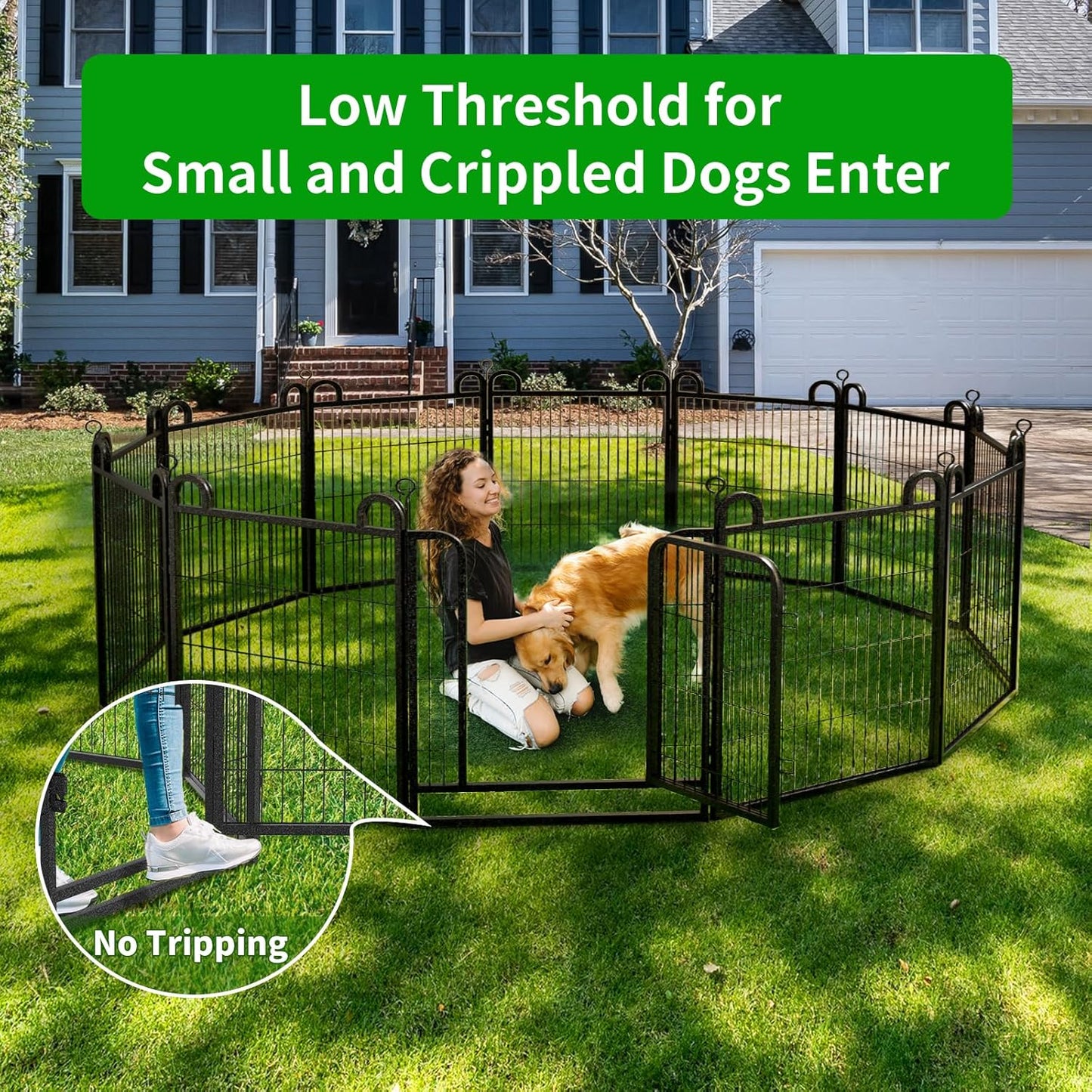 Puppy Playpen 16 Panels Small Dog Fence Outdoor Indoor Use 24" Height Anti-Rust with Doors Portable Dog Play Pen for RV Camping Yard, Total 29FT, 68 Sq.ft, Snowy Black