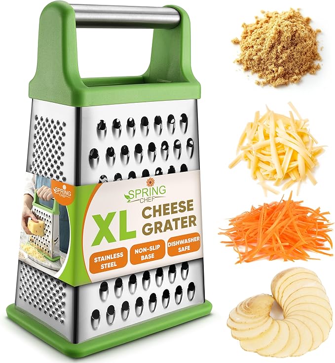 Spring Chef Green Professional Stainless Steel XL Parmesan Cheese Grater with Handle - 4 Sided Box Grater for Kitchen - Dishwasher Safe Food Shredder for Carrot, Potato, Vegetables, Ginger, Hash Brown