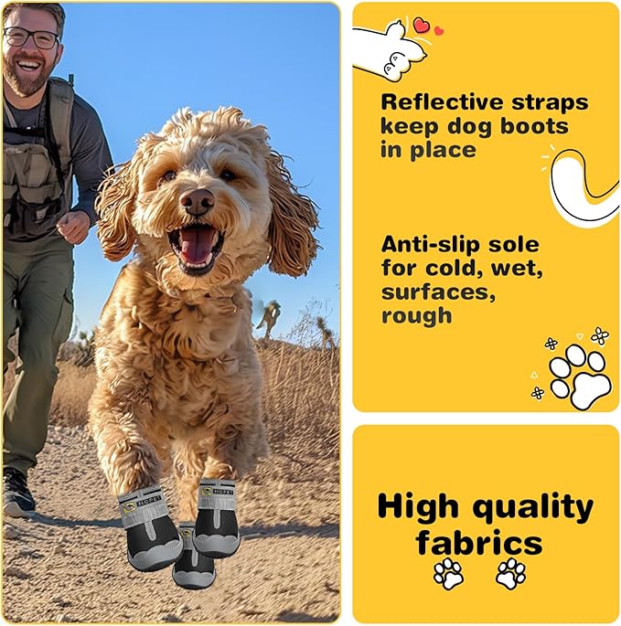 Hcpet Dog Shoes for Large Dogs, Waterproof Dog Booties for Small Medium Dogs, Anti-Slip Dog Boots & Paw Protectors for Hot Pavement Winter Snow Hiking with Reflective Straps Black Size 1