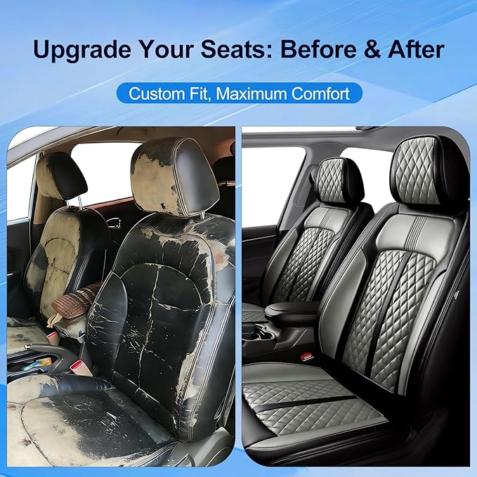 Fit Ridgeline Car Seat Covers for Select Honda Ridgeline 2007-2026 - Premium Full Coverage Leather, Airbag Compatible, Waterproof & All Weather Seat Cushion Protector, Full Set, Black+Gray