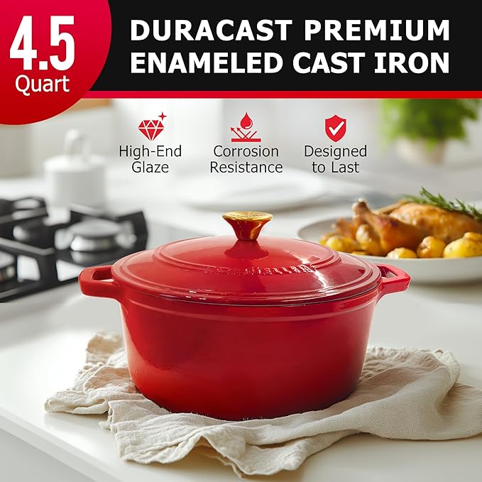 MUELLER HOME 4.5 QT Enameled Cast Iron Dutch Oven, Heavy-Duty Casserole Dish and Braiser Pan with Lid and Stainless Knob, Oven-Safe up to 500° F & Across All Cooktops, Red