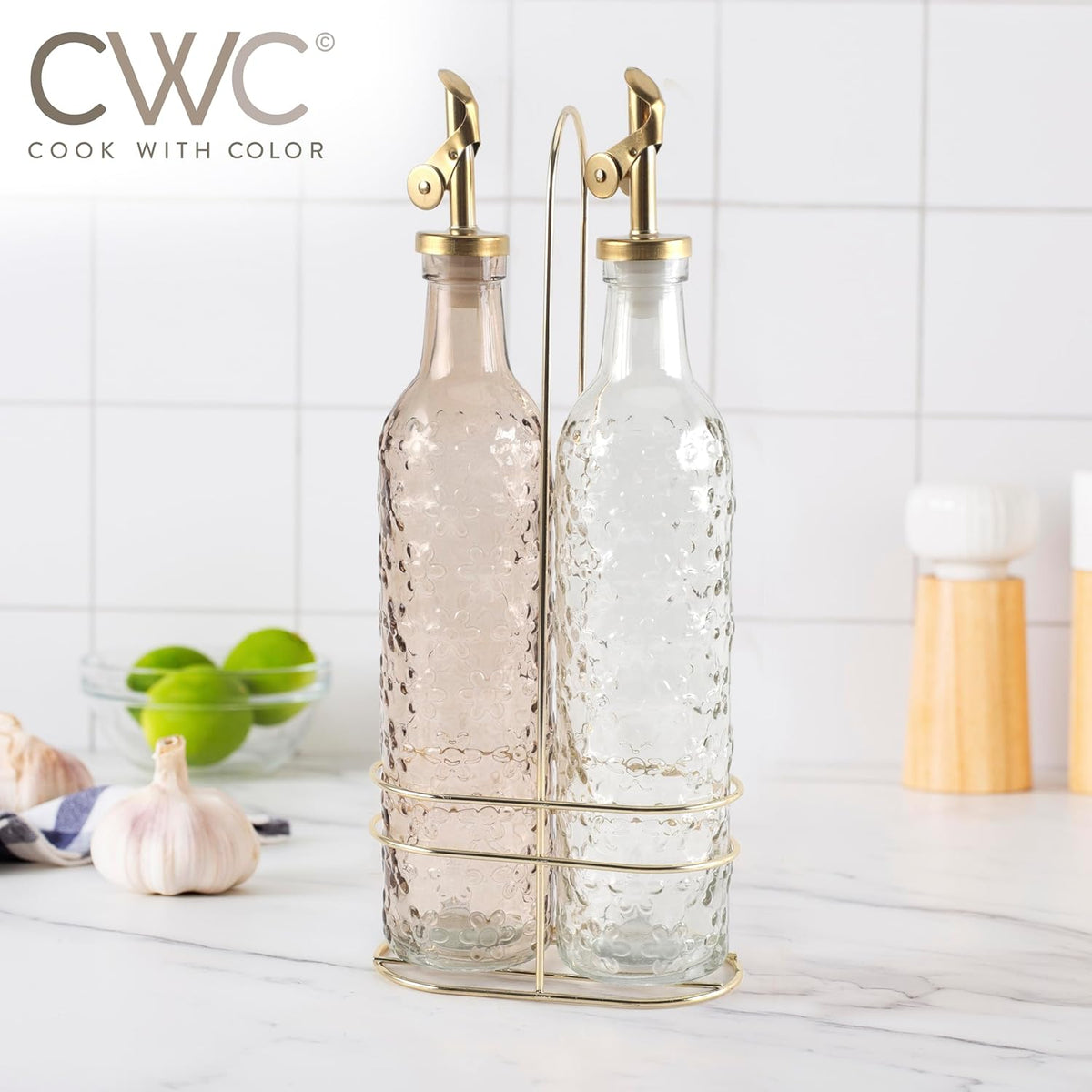 COOK WITH COLOR Glass Olive Oil Bottle Dispenser - 2 Pack- 17oz Oil and Vinegar Cruet - Olive Oil Carafe Decanter for Kitchen
