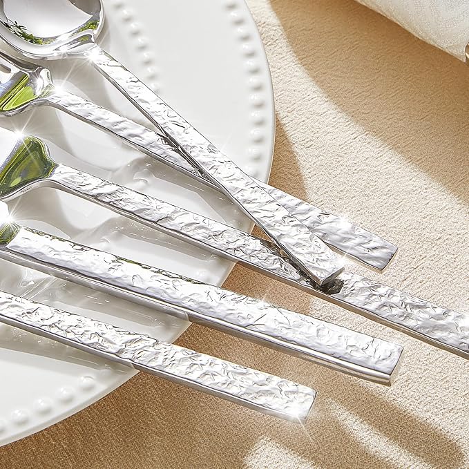 KINGSTONE 40 Pcs Hammered Silverware Set for 8, 18/10 Stainless Steel Heavy Duty Flatware Set, Tableware Cutlery Utensil Sets for Home Restaurant Dishwasher Safe