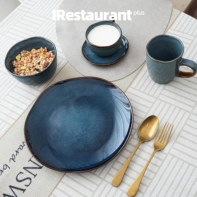 Organic Shape Restaurant Plate 9", Commerical Grade Catering Stoneware Plates in Ir-regular Organic Shape, Chip & Scratch Resistant, Glossy Reactive Glaze Blue, Case of 12