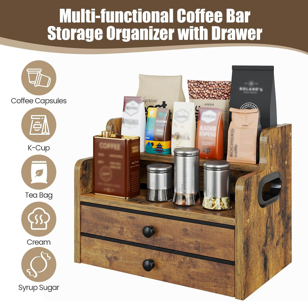Wood Coffee Syrup Rack Organizer, 4 Tier Coffee Station Organizer with Drawers, Liquor Bottle Display Shelf for Coffee Bar Countertop