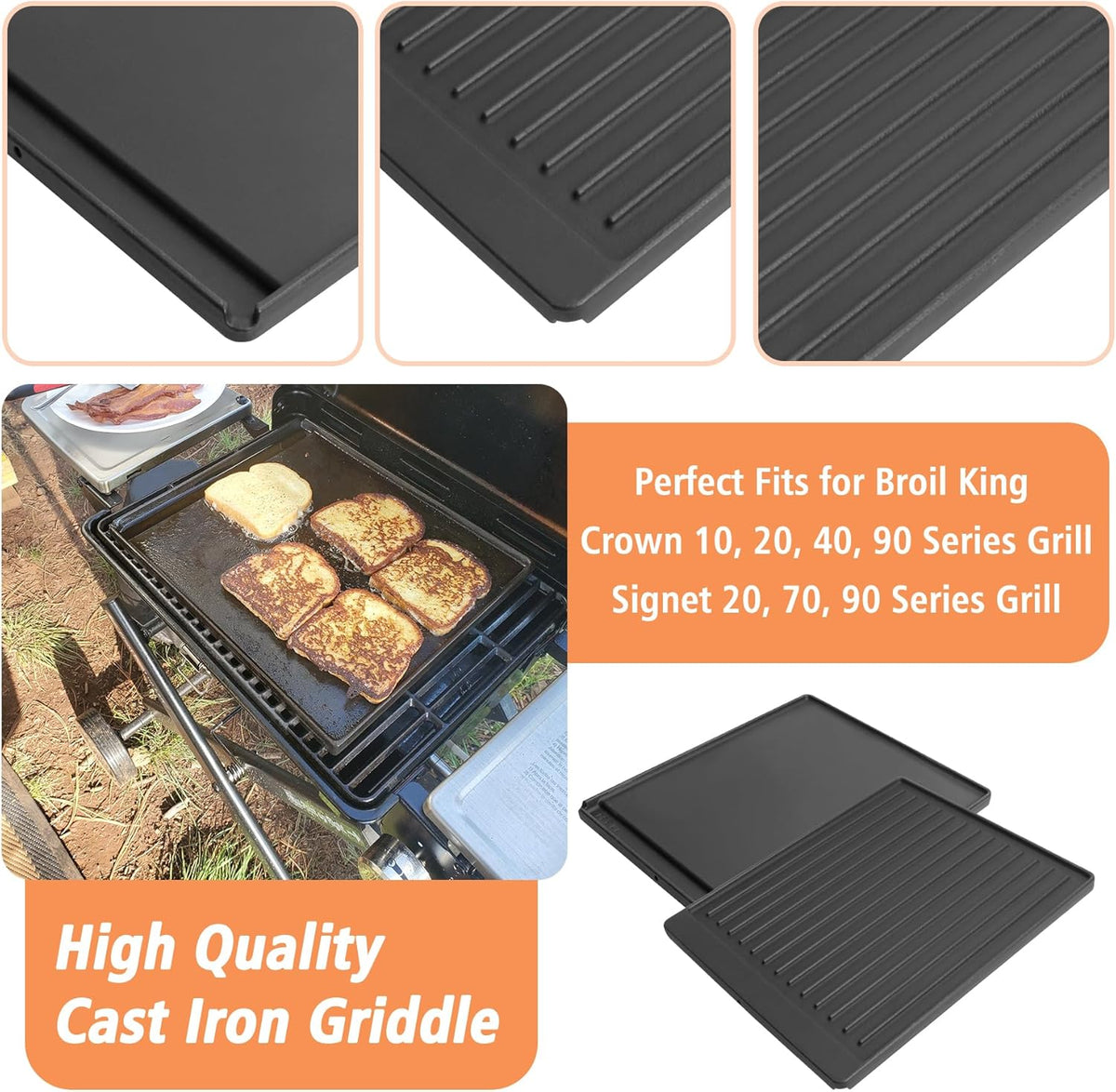 2-in-1 Reversible 15” x 12.8” Pre-Seasoned Cast Iron Cooking Griddle for Gas Stove/Charcoal/Electric/Propane/Gas Grill, Flat Griddle Top Plate for Broil King Crown and Signet Series Grill