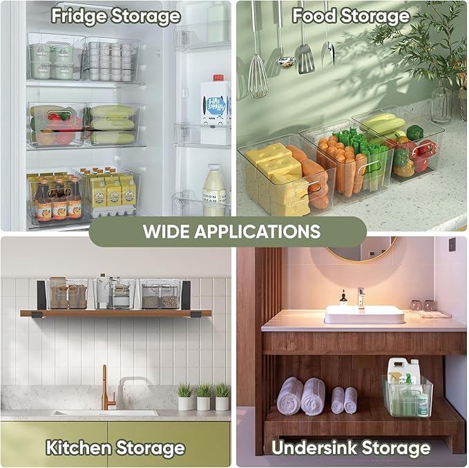 BALEINE Clear Plastic Storage Bins, Pantry Organization, BPA Free Stackable Refrigerator Organizers and Storage with Handles for Kitchen Fridge Cabinet Bathroom (8PK, 9.5x5.5x4.5)