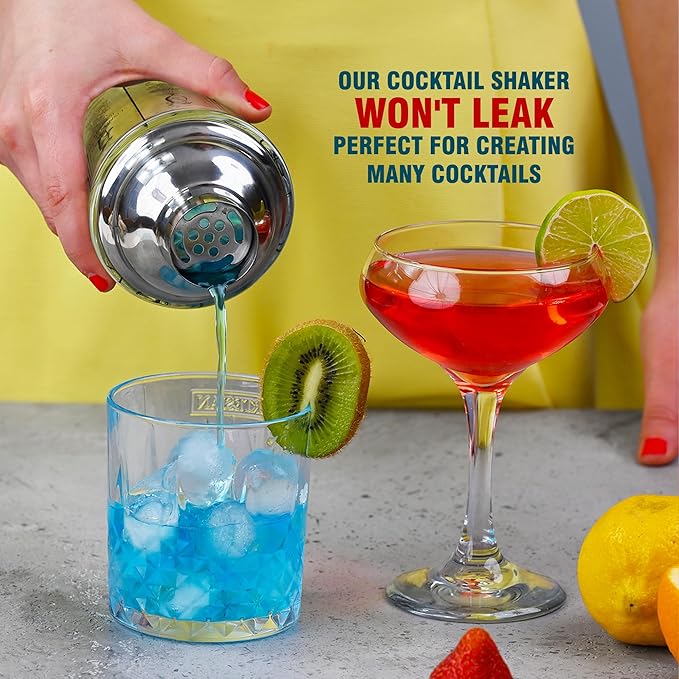 EVERYDAY COCKTAIL - Professional Glass Cocktail Shaker 14 oz, Martini Shaker with Recipes and Measurements, Built-in Strainer and Leakproof Seal, Clear Bar Tool for Margaritas, Martinis