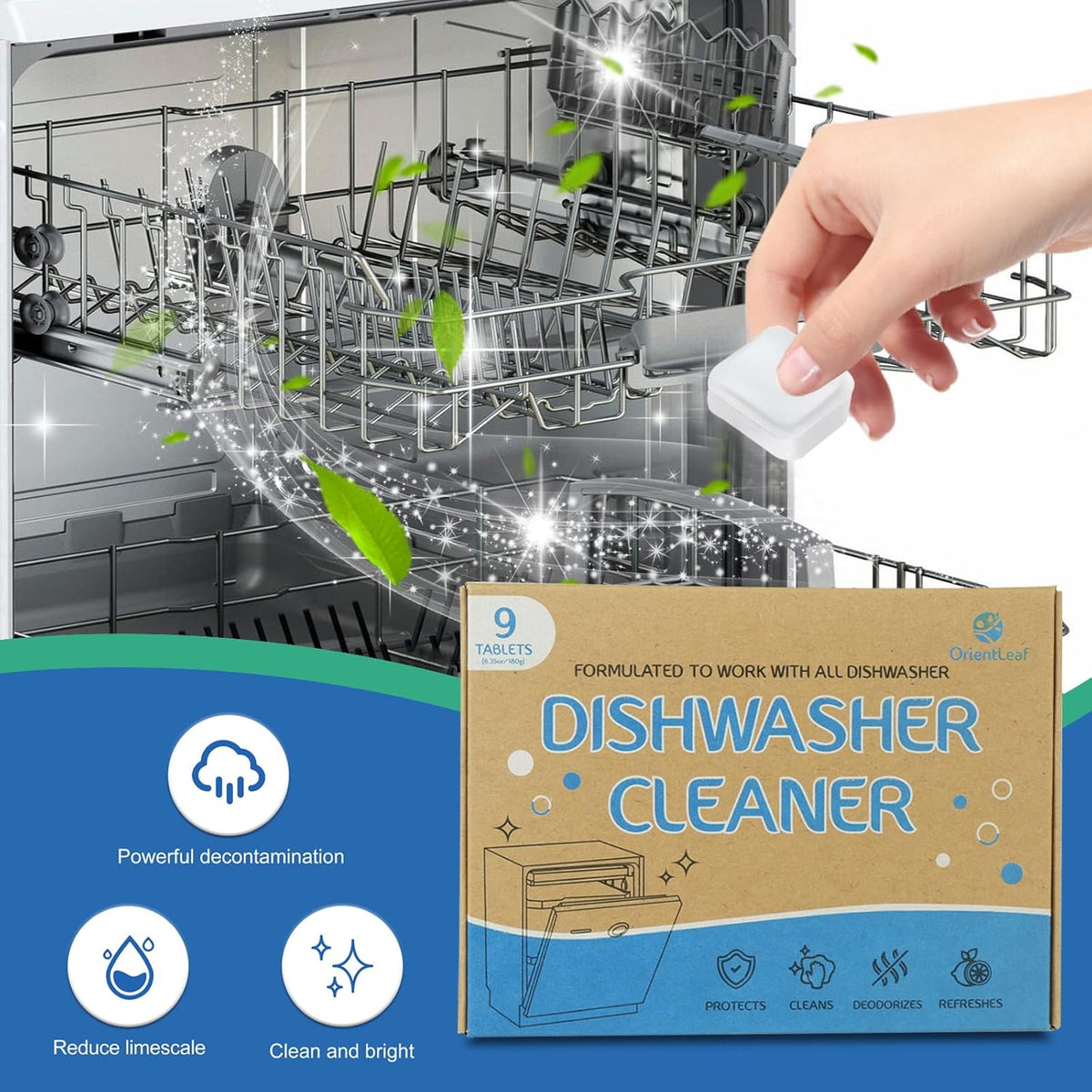 Dishwasher Cleaner Tablets, 9 Pack Lemon Scent Dishwasher Cleaner and Deodorizer, Descaler, Removes Limescale, Hard Water Marks, Grease and Odors, 9 Month Supply