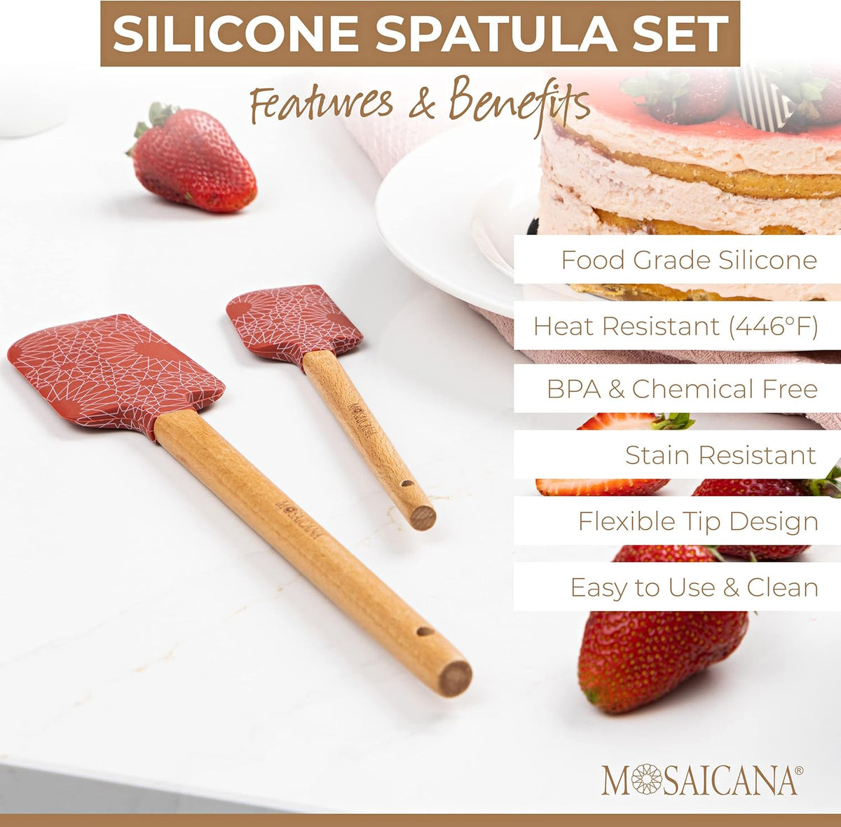 Silicone Spatula set of 2 with wooden handle and stunning pattern (Red)