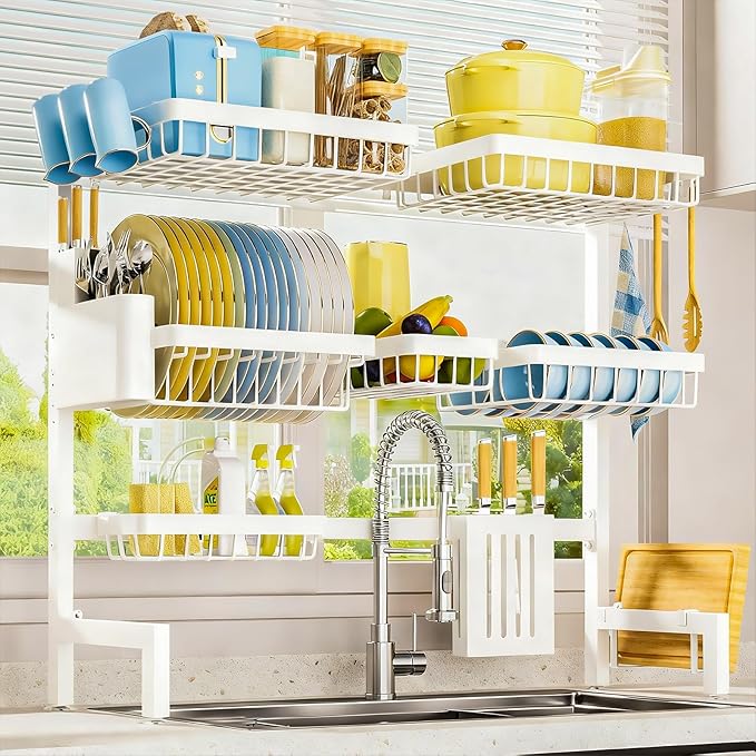 Sakugi Dish Drying Rack - Over The Sink Dish Drainer Drying Rack with Utensil & Knife Holder, Hooks, Stainless Steel Kitchen Organizers and Storage Solution, 11.8" D x 31.5"~39.0''W x 30" H, White