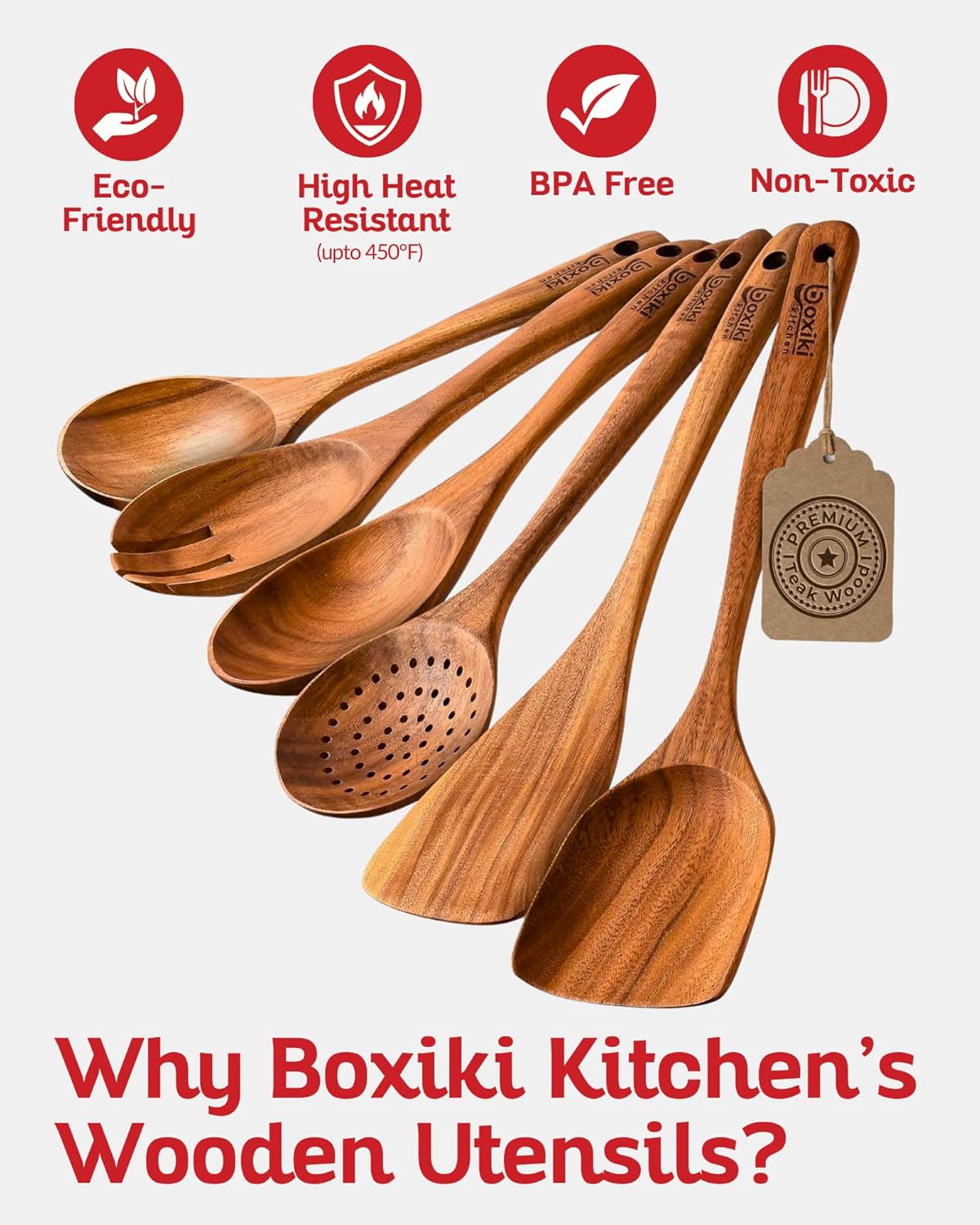 Boxiki Kitchen Luxury Teak Wood Utensil Set - Elegant 6-Piece Cooking Ensemble Including Spoons, Server, Scraper & Spatula - Expertly Crafted for Culinary Excellence