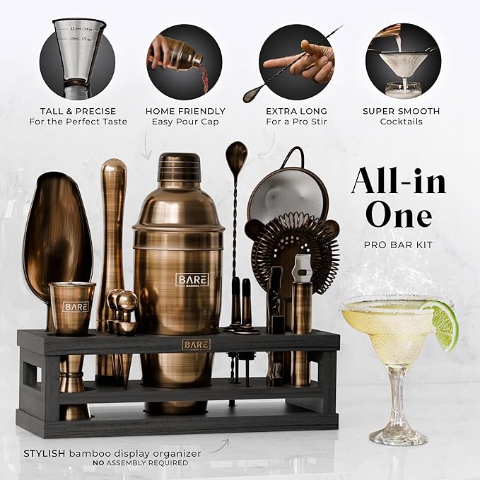 BARE BARREL® Mixology Bartender Kit Bar Set | 16-Piece Cocktail Shaker Set | Martini Barware Mixing Tools for Home Bartending | Incl. 35 Recipe Cards | Gift Set (24oz Cobbler Shaker, Brass/Black)