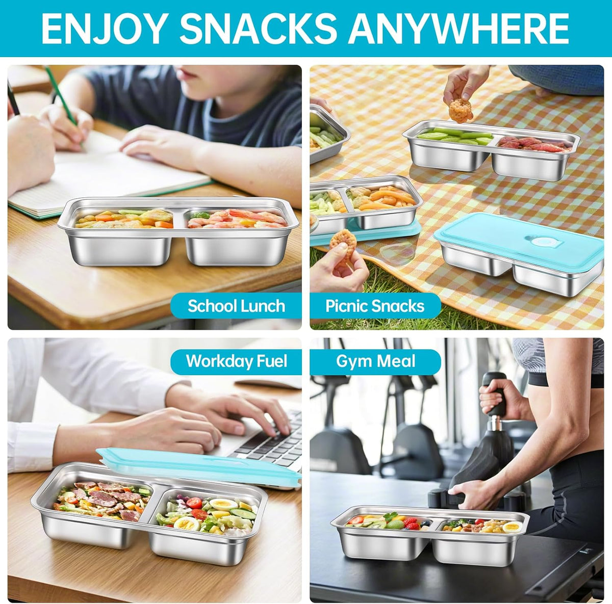 6 Pack Stainless Steel Snack Containers Reusable, Grab and Go 2 Compartment Food Storage Containers with Leakproof Lids for Travel and Outdoor Camping School Lunch Prep Dishwasher Safe