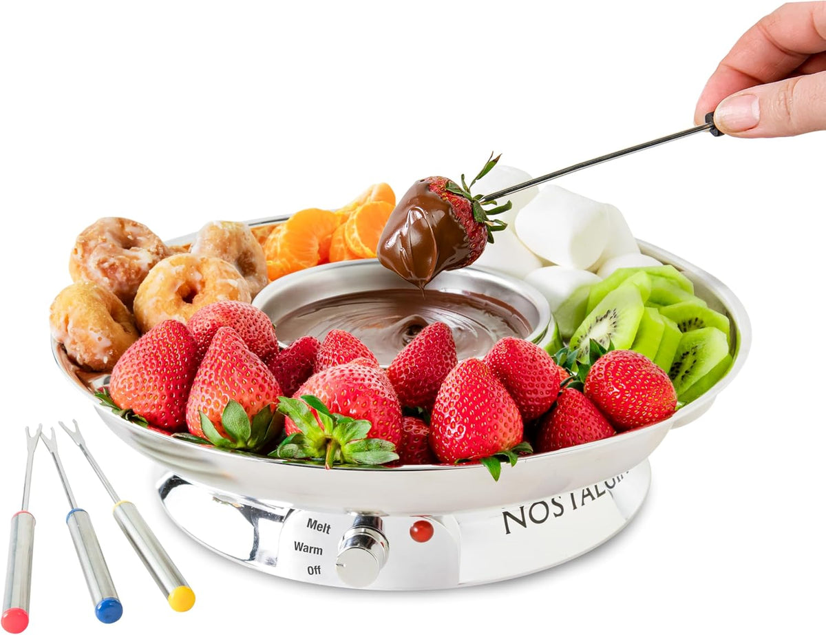 Nostalgia Electric Fondue Party Set – 10 oz Melting Pot, 4 Roasting Forks, & Detachable Serving Tray – Melted Cheese, Chocolate, or Dessert – Perfect for Gifts, Parties, Date Night – Stainless Steel