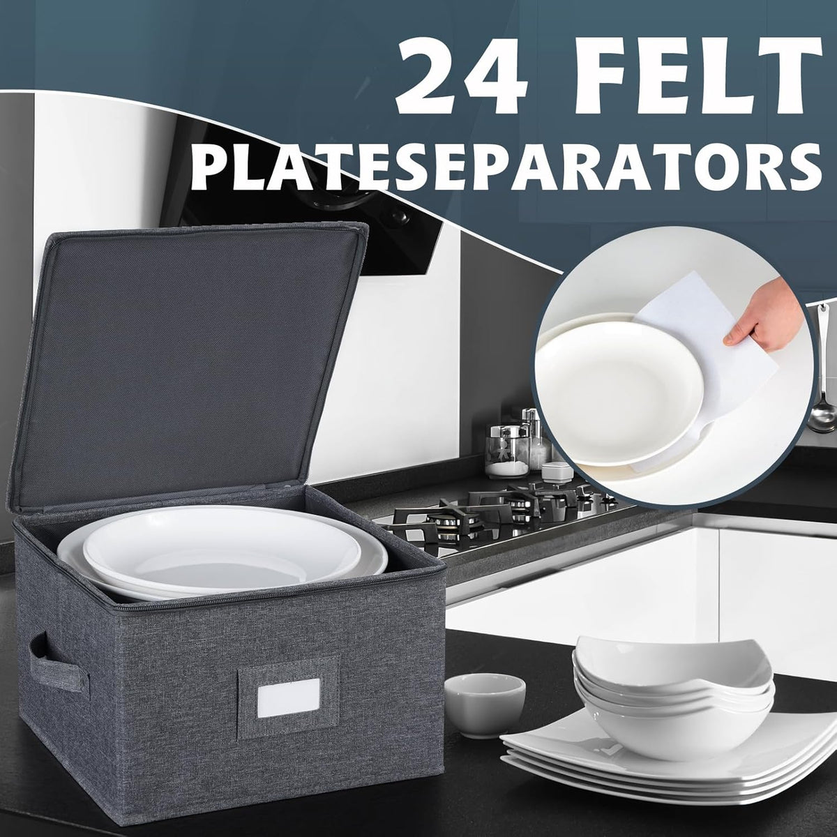 popoly China Storage Containers Hard Shell Inside 12" W x 8" H, Dinner Plate Storage Containers for Dishes, Dinnerware with 24 Felt Dividers, Hold 24 Plates, Stackable (2 Pack Grey)