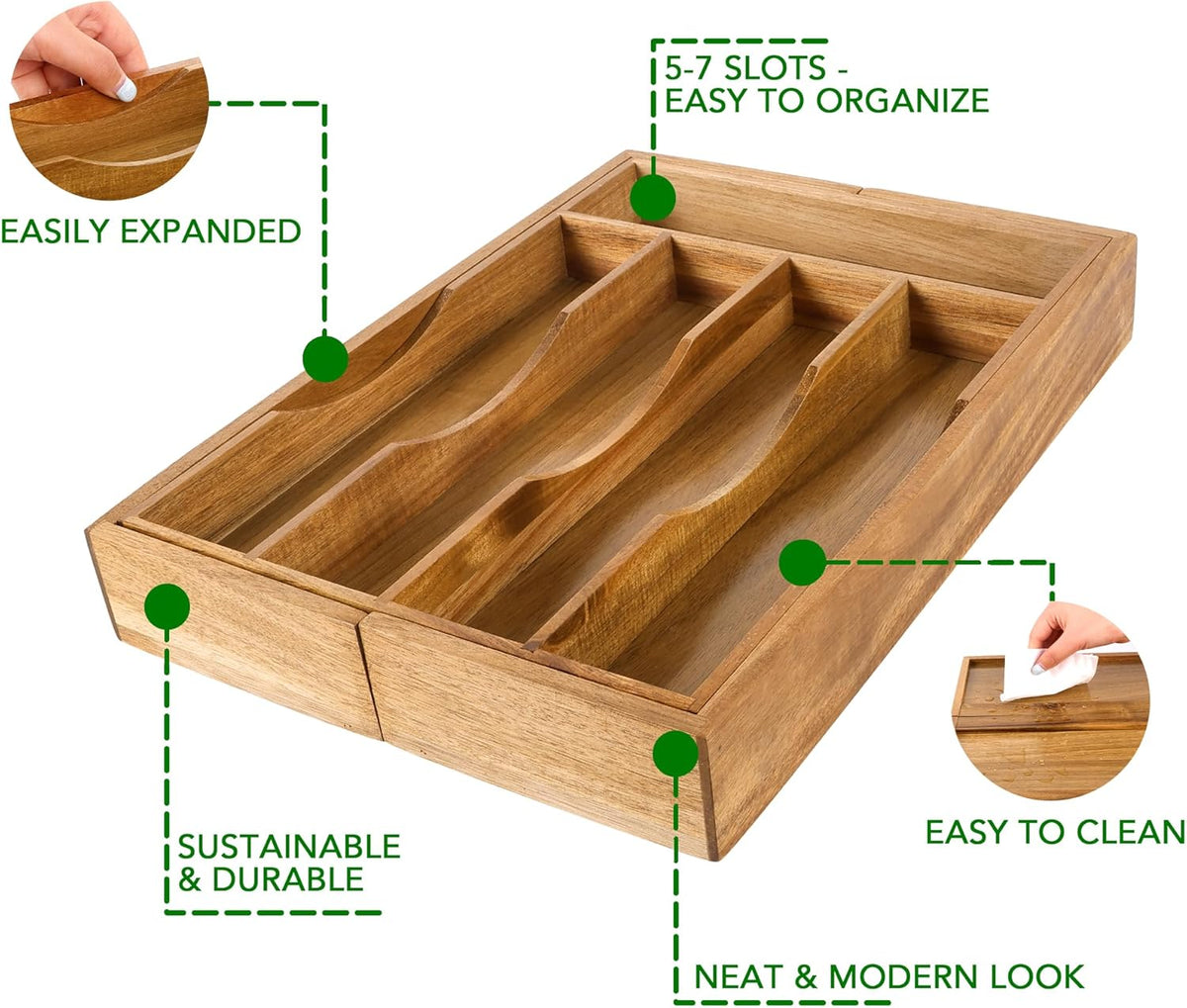 Expandable Acacia Kitchen Drawer Organizer for Cutlery and Utensils, Adjustable Acacia Wood Cutlery Tray in Drawer for Flatware and Silverware in Kitchen