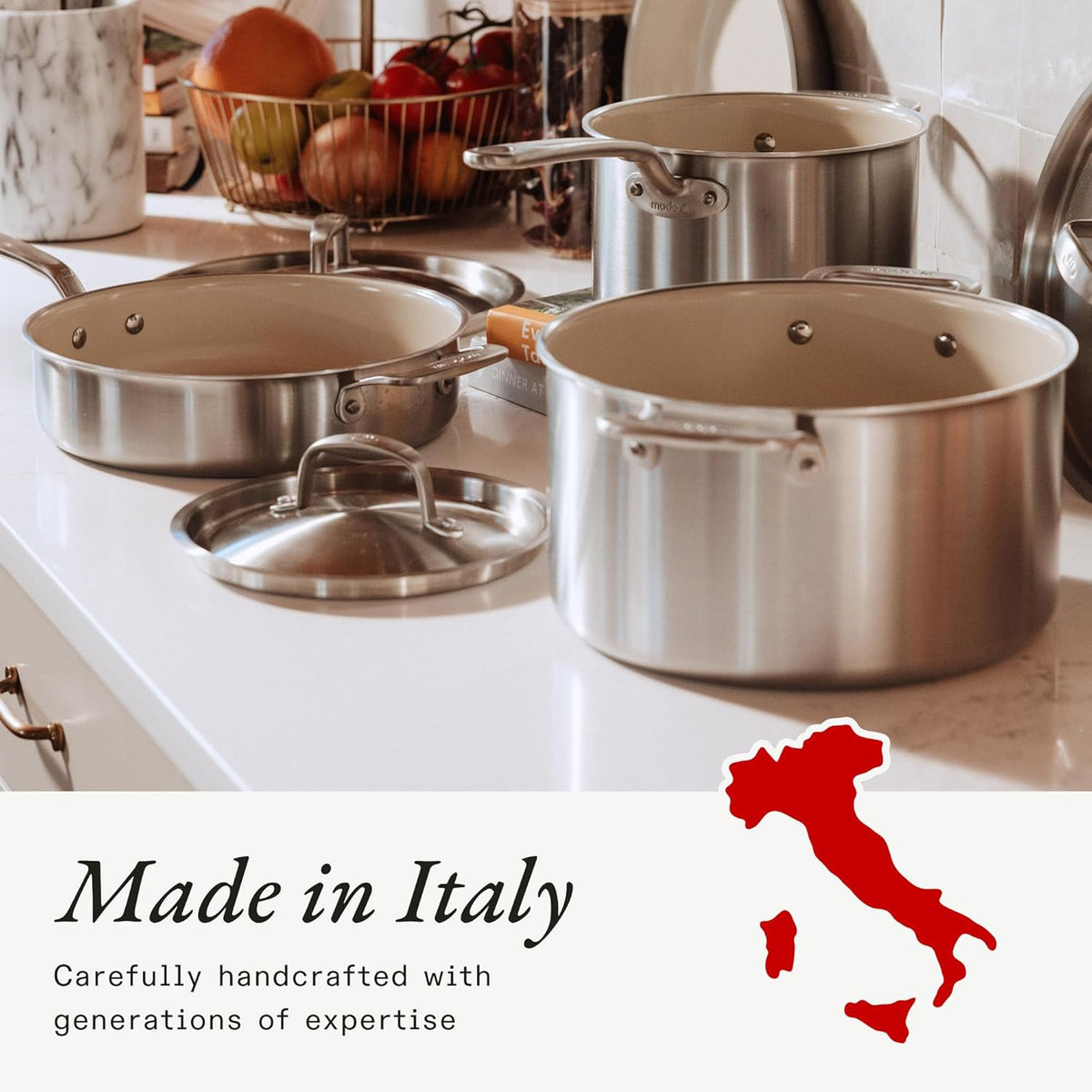 Made In Cookware - 4 QT Ceramic Non Stick Saucepan with Lid - 5-Ply Stainless Clad with Stay-Cool Handle - Professional Cookware - Crafted in Italy - Induction Compatible