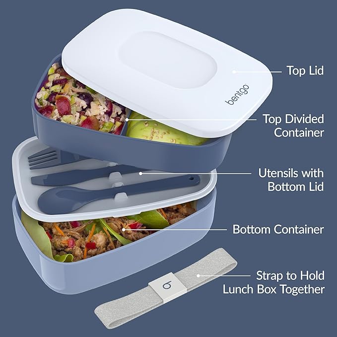 Bentgo Classic - Adult Bento Box, Stackable 3-Compartment Lunch Box with Removable Utensil Set and Sealing Strap, BPA-Free, Food Container Ideal for Meal Prep, Work, and On the Go (Slate)