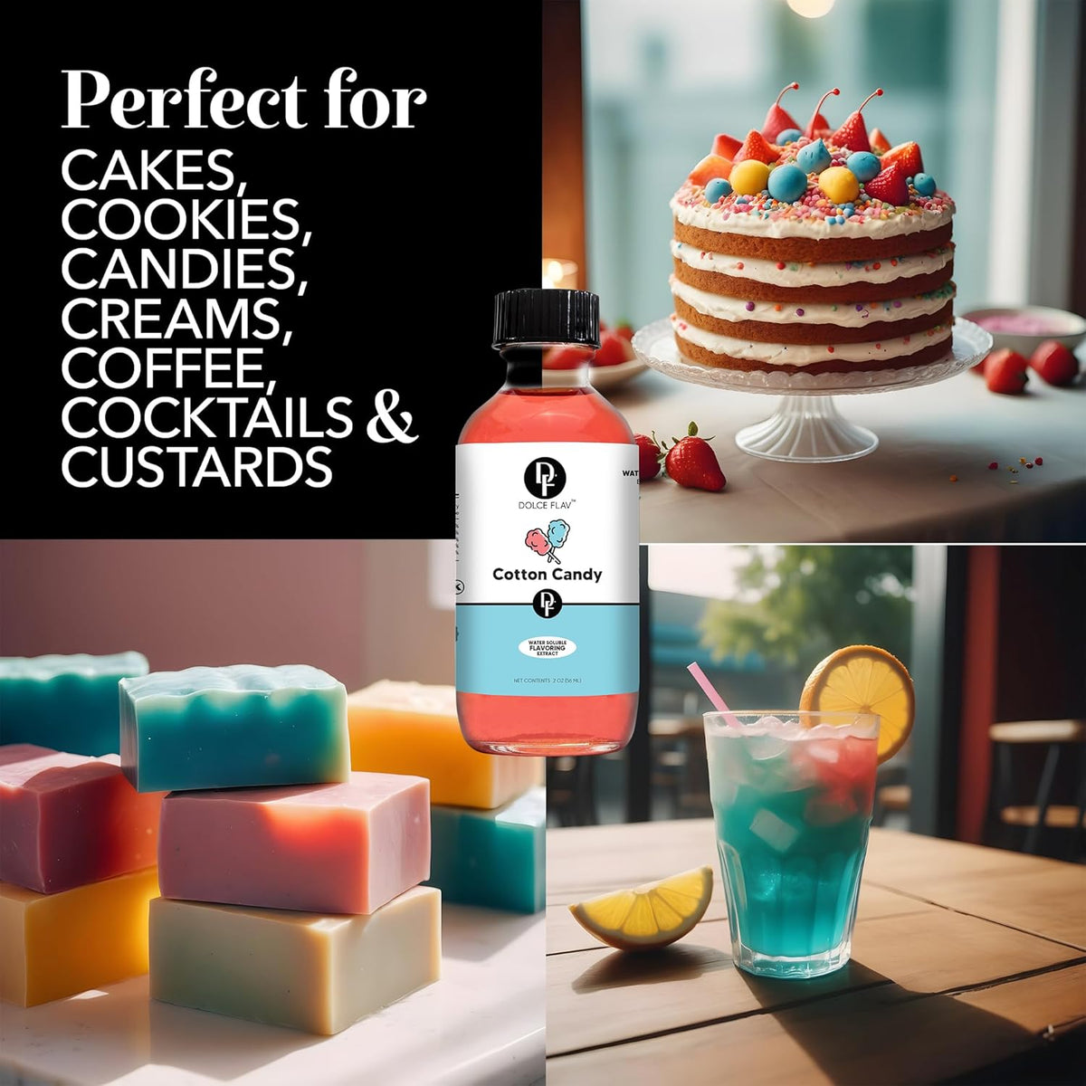 Dolce Flav Cotton Candy Extract – 8 Ounce Water-Soluble Kosher, Sugar-Free, Concentrated Carnival-Style Flavoring for Baking, Frostings & Drinks, Includes Measured Dropper