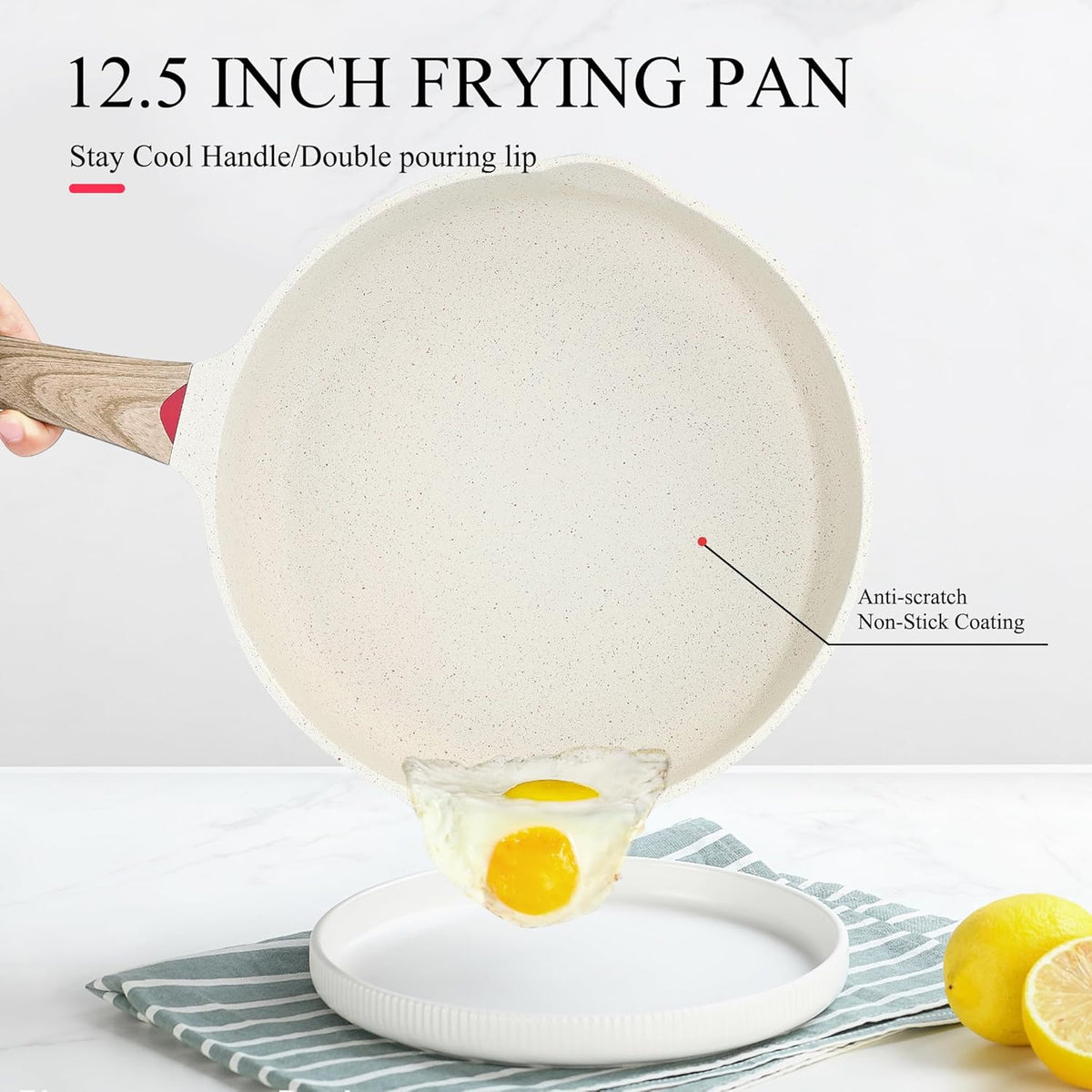 Vinchef Nonstick Frying Pan Anti Scratch,12.5 Inch Skillet Cast Aluminum Cookware, Induction Compatible White