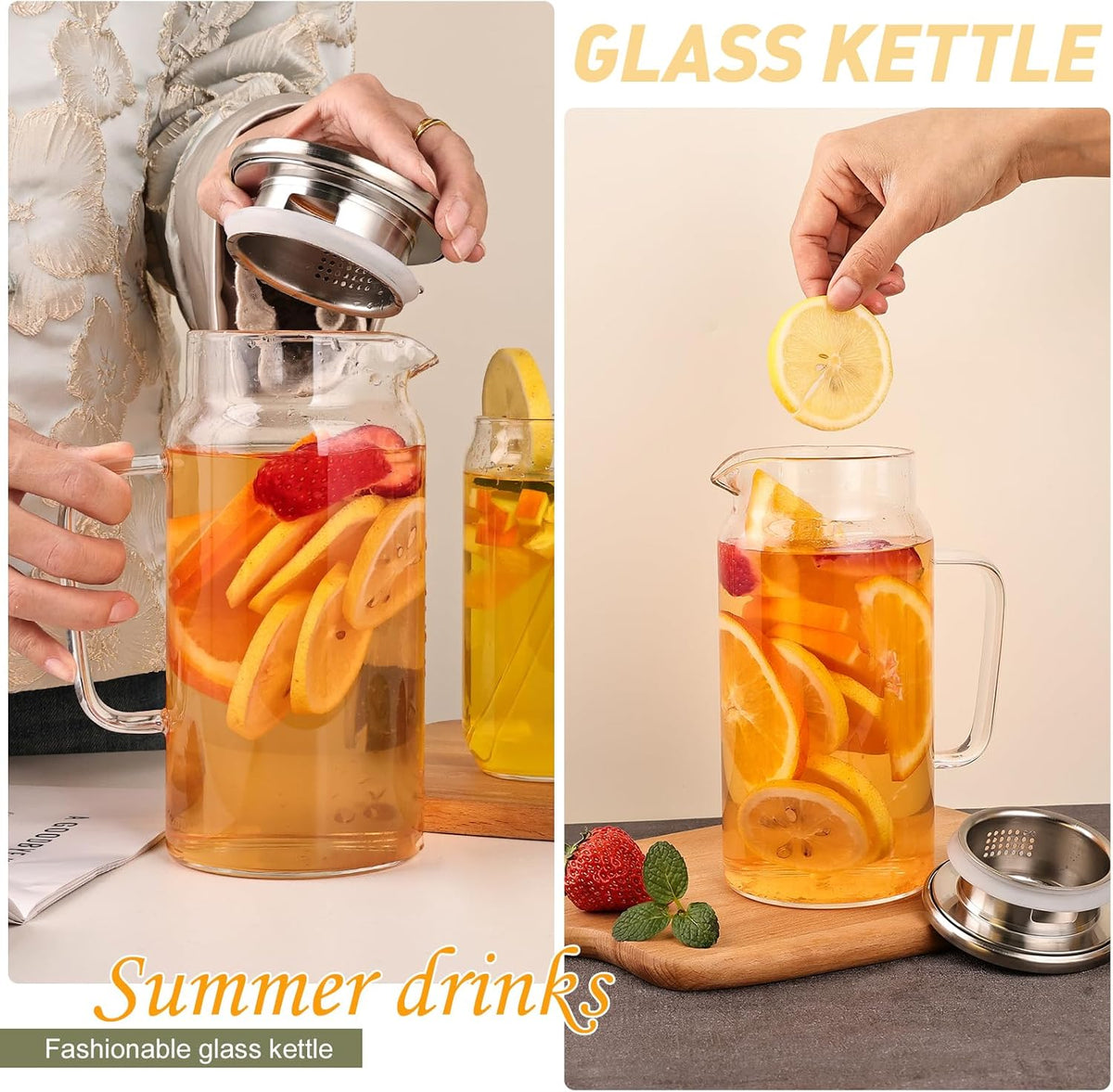 Glass Pitcher with Lid, 1200ml Leak Proof,Glass Water Jugs, BPA-Free,Microwave & Dishwasher Safe Pitcher,Sun & Iced Tea, Sangria,Cold Brew Coffee & More