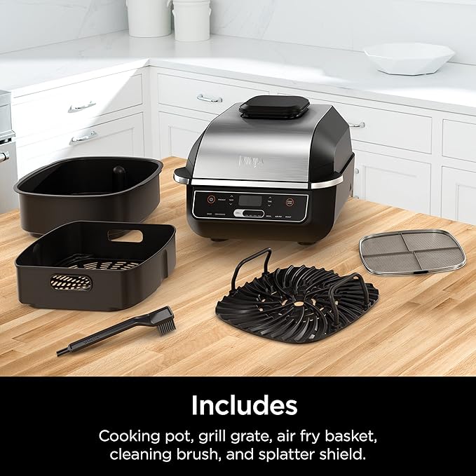 Ninja EG201 Foodi 6-in-1 Indoor Grill with Air Fry, Roast, Bake, Broil, & Dehydrate, 2nd Generation, Dishwasher Safe, Black/Silver