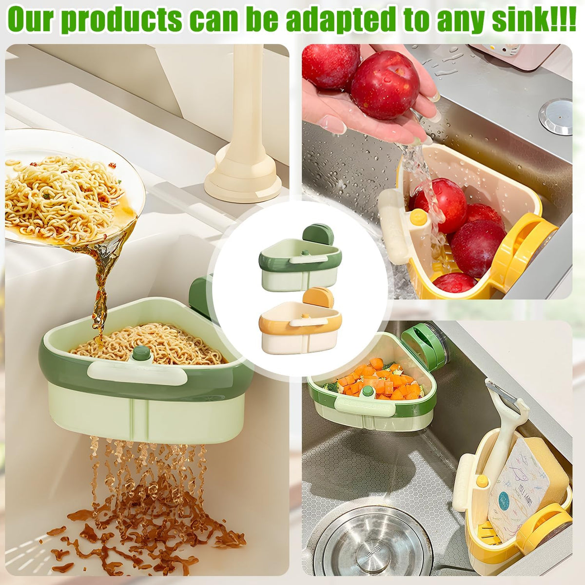Sink Strainer Basket,2025 New Upgraded Suction Cup Press Sink Drainer Basket,Suction Cup Corner Rack,Corner Trash Catcher for Food Waste,Faucet Sponge Storage Rack (Green)