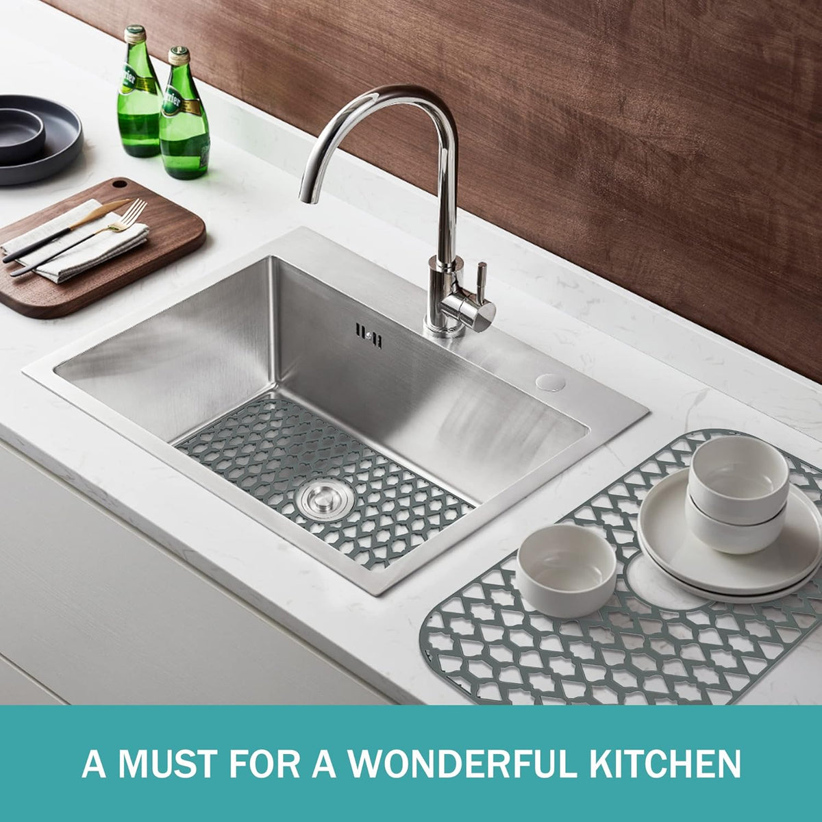 Large Sink Protectors for Kitchen Sink 19”x13”& 24”x13”& 26”x14”, Silicone Sink Mats Grid for Bottom of Farmhouse Stainless Steel Porcelain Sink (26”x14”, Center Drain)
