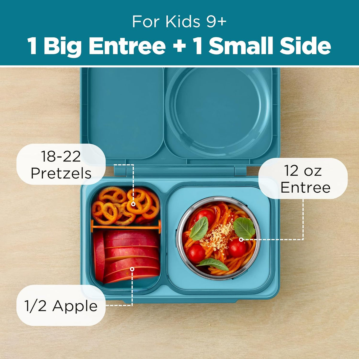 Omie OmieBox UP bento Box for Kids | Insulated Lunch Box | Leak Proof Vacuum Insulated Thermal Food jar | Cooler ice Pack | 2 Compartments (Teal Green)