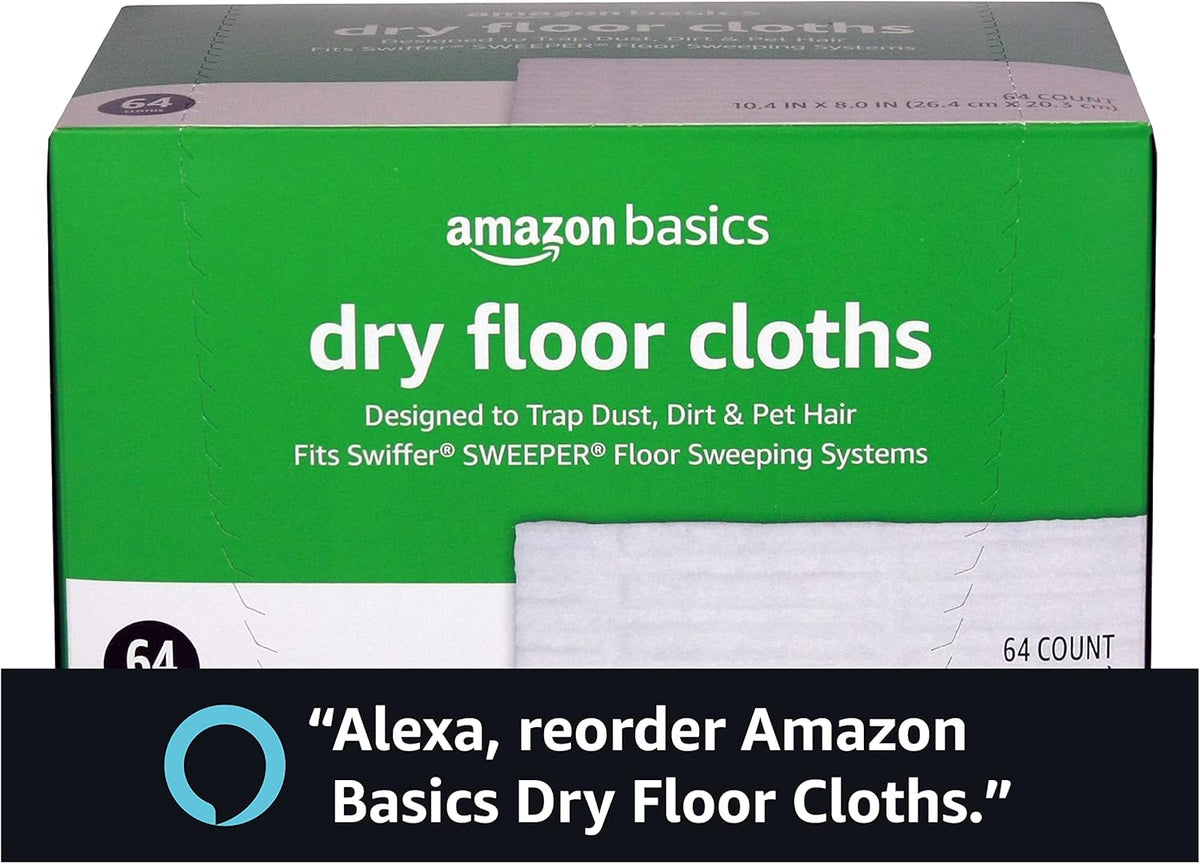 Amazon Basics Dry Sweeping Cloths to Clean Dust, Dirt, Pet Hair, Fits Swiffer Sweeper Mop Heads, 64 Count (Pack of 1)