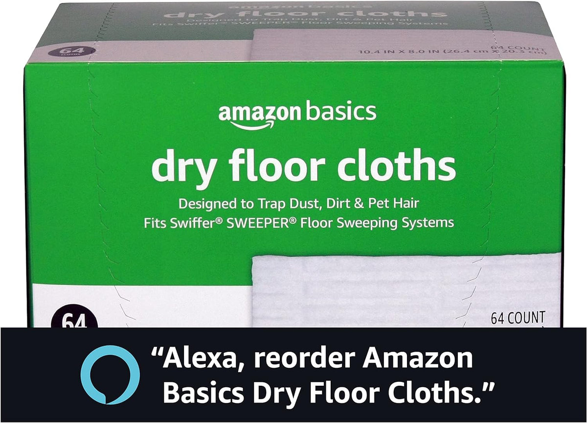 Amazon Basics Dry Floor Cloths to Clean Dust, Dirt, Pet Hair, 64 Count, Pack of 2