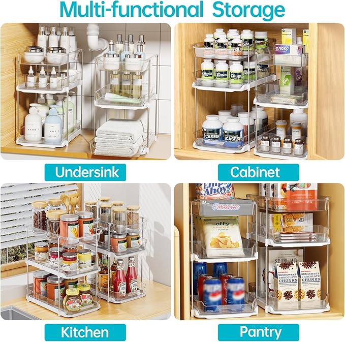 Delamu 2 Sets of 3-Tier Bathroom Under Sink Organizers and Storage, Multi-Purpose Stackable Pantry Organization and Storage, Pull Out Clear Kitchen Bathroom Cabinet Organizer with Movable Dividers