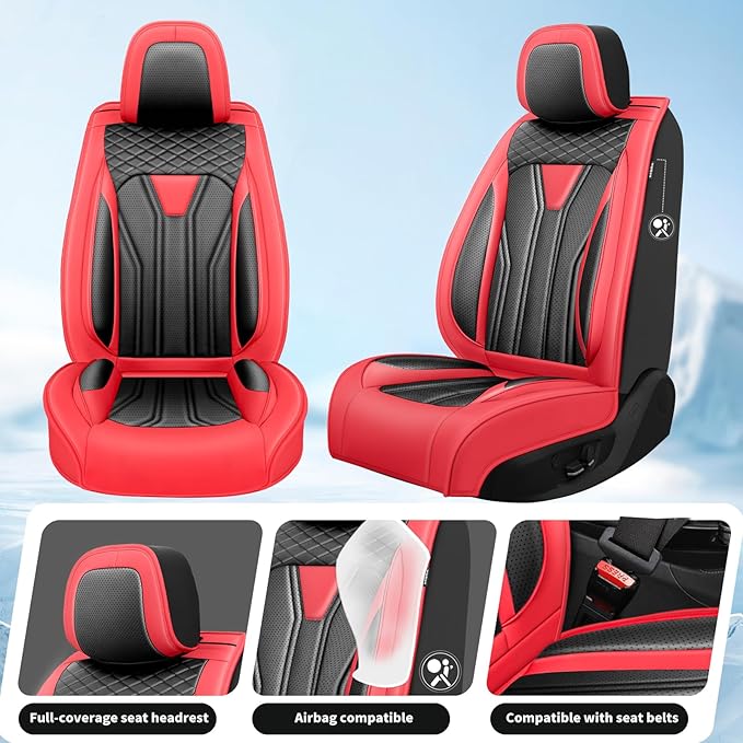 Fit Rogue Car Seat Covers Compatible with Nissan Rogue 2011-2025 2026 - Premium Leather， Waterproof Breathable， All-Weather Seat Cushion Protecto&Airbag Compatible (2 Front Seat Red&Black)