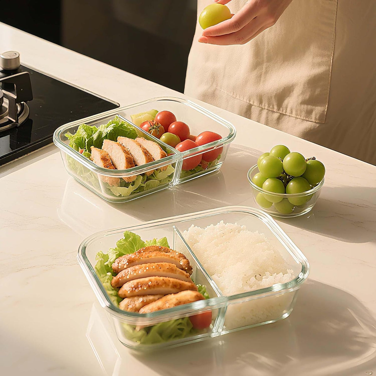 BAYZZ 5 Pack 35 Oz Glass Meal Prep Containers 2 Compartments, Glass Storage Containers with Lids, Airtight Lunch Bento Boxes, BPA-Free, Microwave and Freezer Safe,White