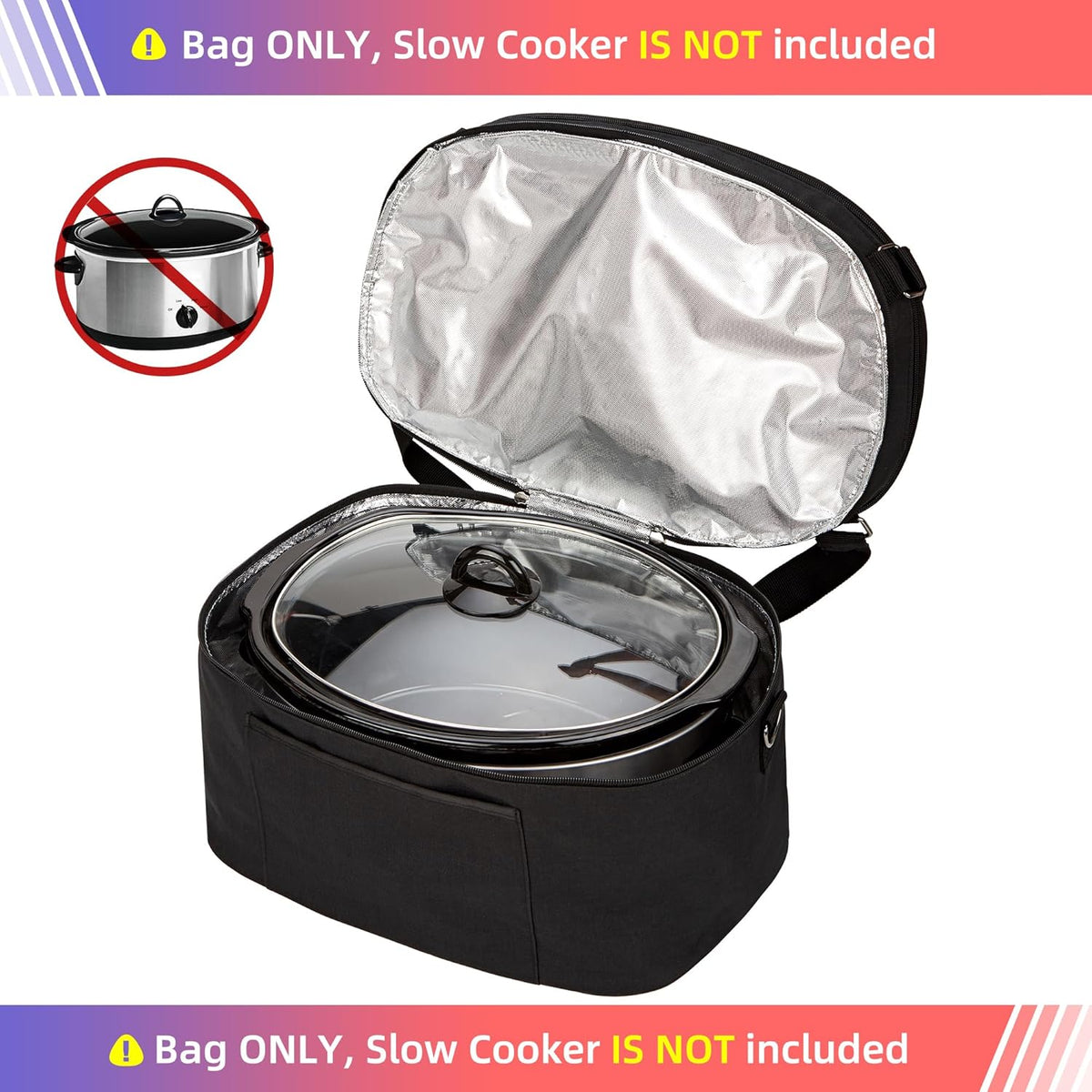 HOMEST Slow Cooker Bag for Crock-Pot 6-8 Quart, Insulated Travel Carrier with Easy to Clean Lining, Carry Case with Top Zip Compartment and Utensil Pocket