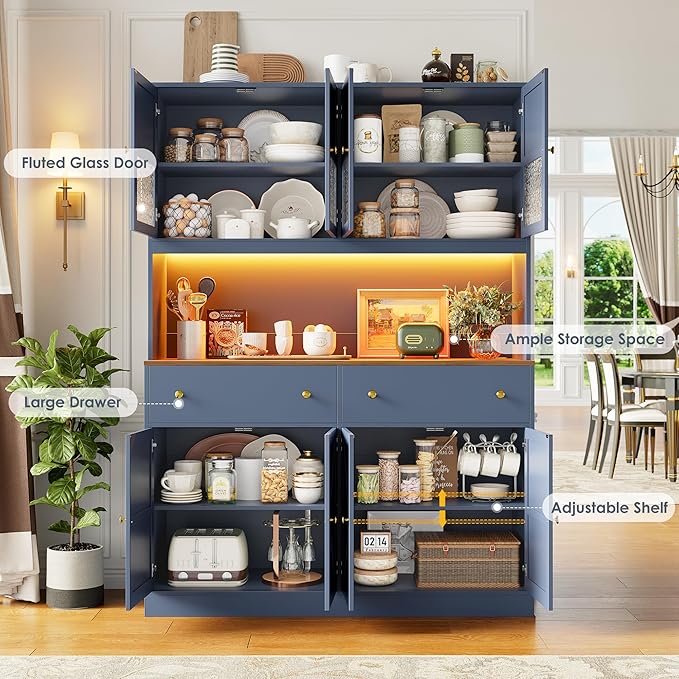 FINETONES 71" Pantry Cabinet with LED Light and Charging Station, Farmhouse Kitchen Pantry Cabinet with Microwave Stand, 47.2" Wide Kitchen Hutch Food Pantry with Open Countertop, Blue