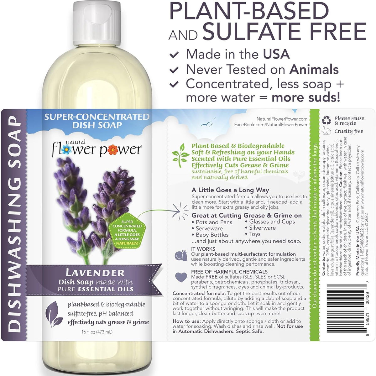 Plant-Derived Dish Soap - Sulfate-Free, Bio-Based, pH-Balanced, Vegan Cleaning Supplies - Variety Pack - Lavender + Lemongrass + Peppermint & Lemon - 3 x 16 oz