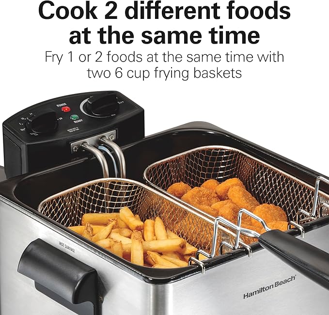 Hamilton Beach Electric Deep Fryer with 2 Baskets and Lid, 4.5 Liters / 19 Cups Oil Capacity, Temperature Control, View Window, Professional Style, 1800 Watts, Stainless Steel (35036)